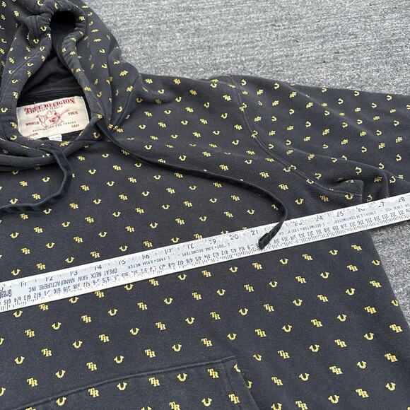 True Relgion Hoodie Men 2XL XXL Faded Black Logo Monogram AOP Sweatshirt Y2K Gym - Picture 3 of 9